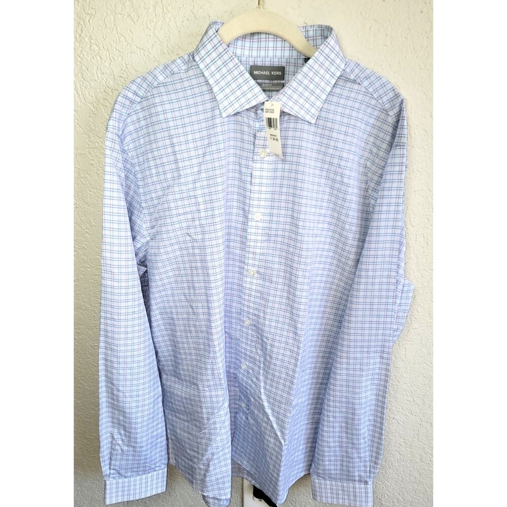 Michael Kors Slim Fit Performance Dress Shirt 17 34/35 XL Pink Blue Plaid NWT